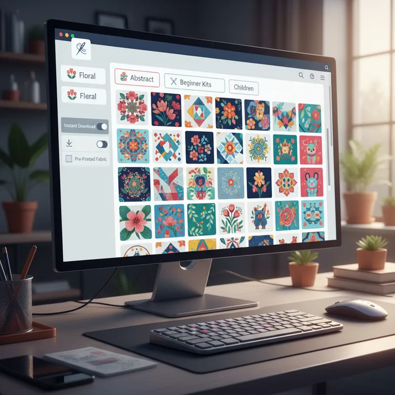 A vibrant digital marketplace interface showing various embroidery patterns, with categories like'Floral','Abstract','Beginner Kits', and filters f