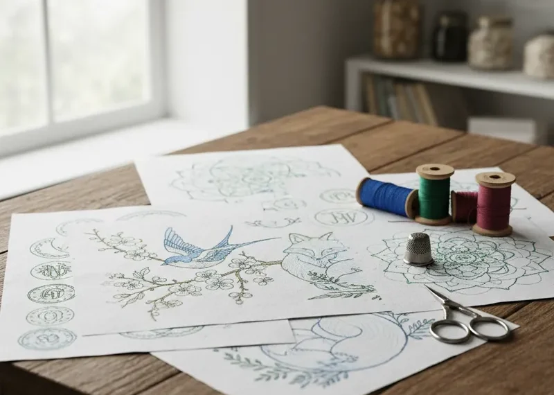 Close-up of various printed embroidery patterns on paper, featuring floral, botanical, and geometric designs, ready for transfer onto fabric.
