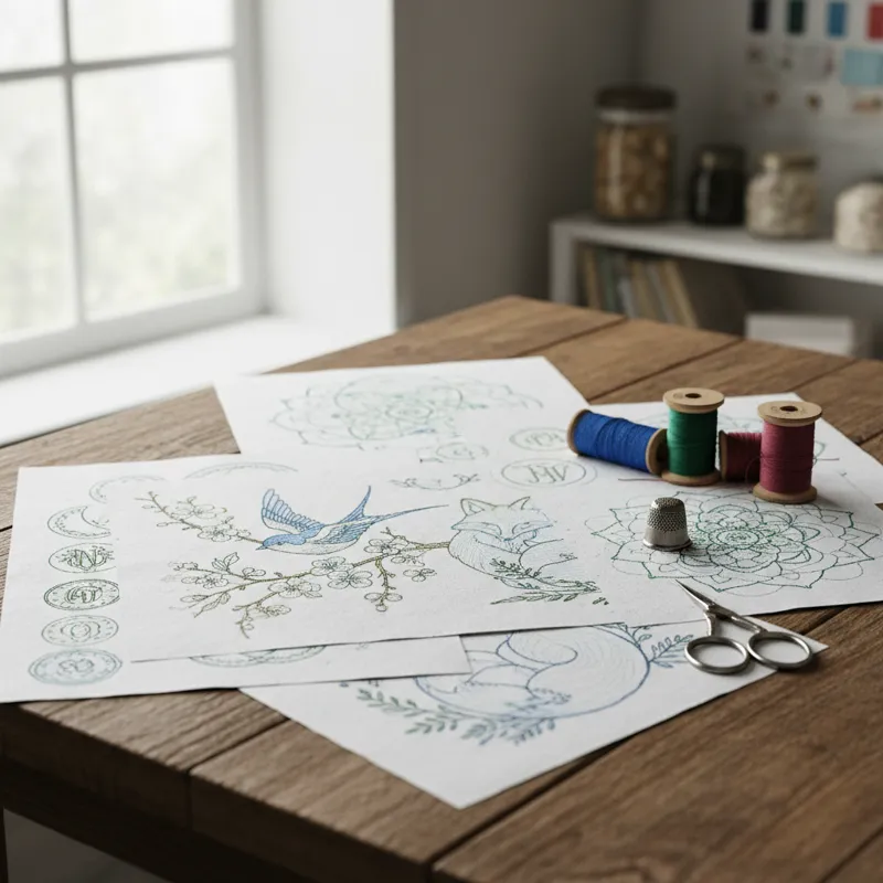 Close-up of various printed embroidery patterns on paper, featuring floral, botanical, and geometric designs, ready for transfer onto fabric.
