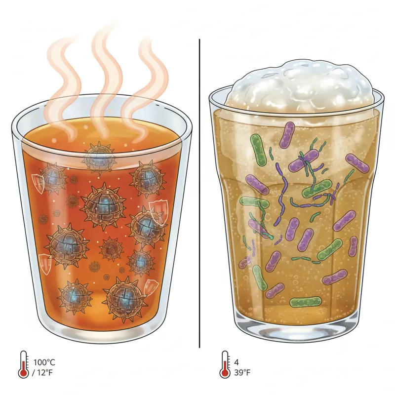 A split-screen close-up illustration. On the left, a steaming cup of tea with microscopic, armored spore structures surviving the heat. On the right,
