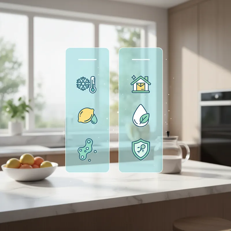 A comparison table graphic floating in a modern kitchen setting. One side lists