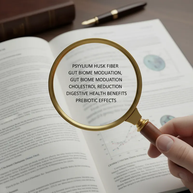 A magnifying glass hovering over a research paper or scientific journal, with the focus on text related to psyllium husk and health, suggesting detail