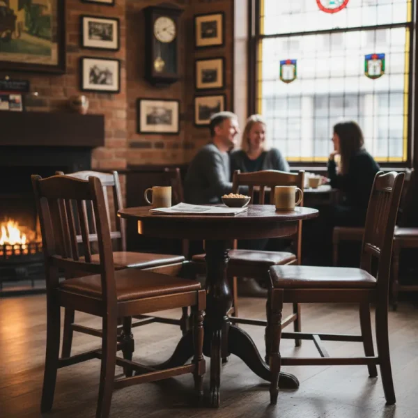 Elegant wooden pub table chair set with two matching high bar stools, perfect for a cozy home bar or small bistro.