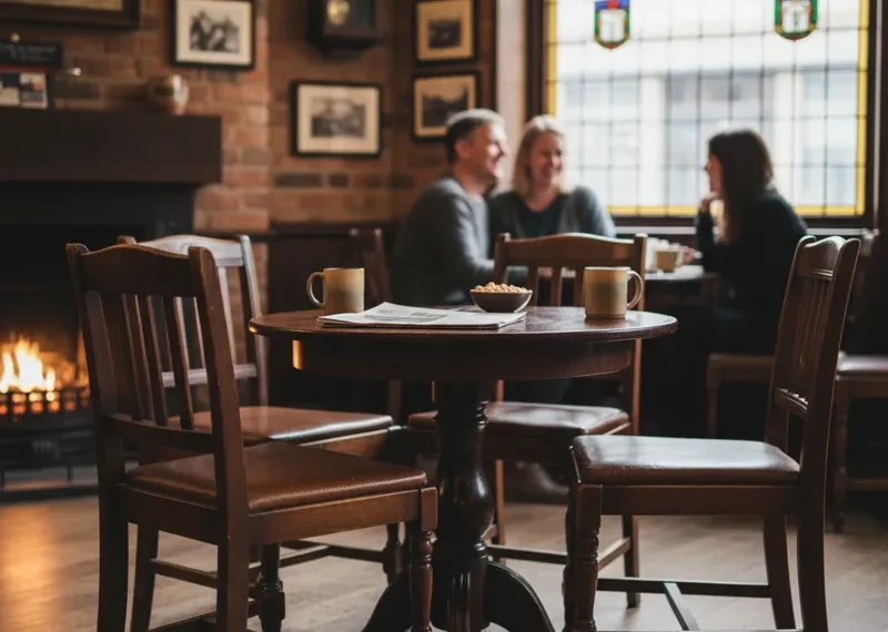 Elegant wooden pub table chair set with two matching high bar stools, perfect for a cozy home bar or small bistro.