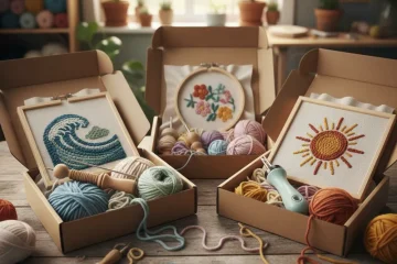 A flat lay image showcasing a complete punch needle kit, featuring a wooden punch needle tool, assorted colorful yarn bundles, a pre-printed fabric, an embroidery hoop, and clear instructions, arranged neatly on a light background. Ideal for beginner craft projects.