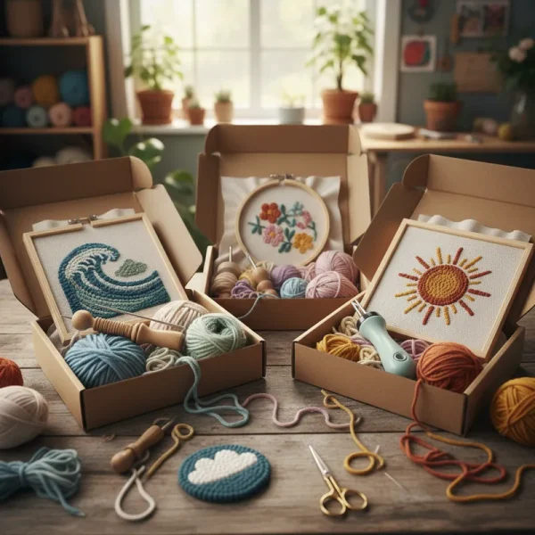 A flat lay image showcasing a complete punch needle kit, featuring a wooden punch needle tool, assorted colorful yarn bundles, a pre-printed fabric, an embroidery hoop, and clear instructions, arranged neatly on a light background. Ideal for beginner craft projects.