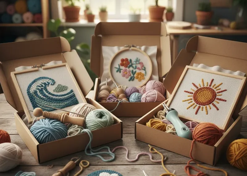 A flat lay image showcasing a complete punch needle kit, featuring a wooden punch needle tool, assorted colorful yarn bundles, a pre-printed fabric, an embroidery hoop, and clear instructions, arranged neatly on a light background. Ideal for beginner craft projects.