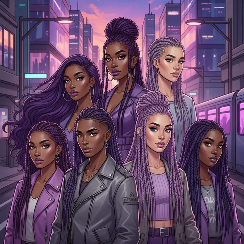 A diverse group of people showcasing different shades and styles of purple hair extensions, from deep violet weaves to lavender braids, in a modern ur