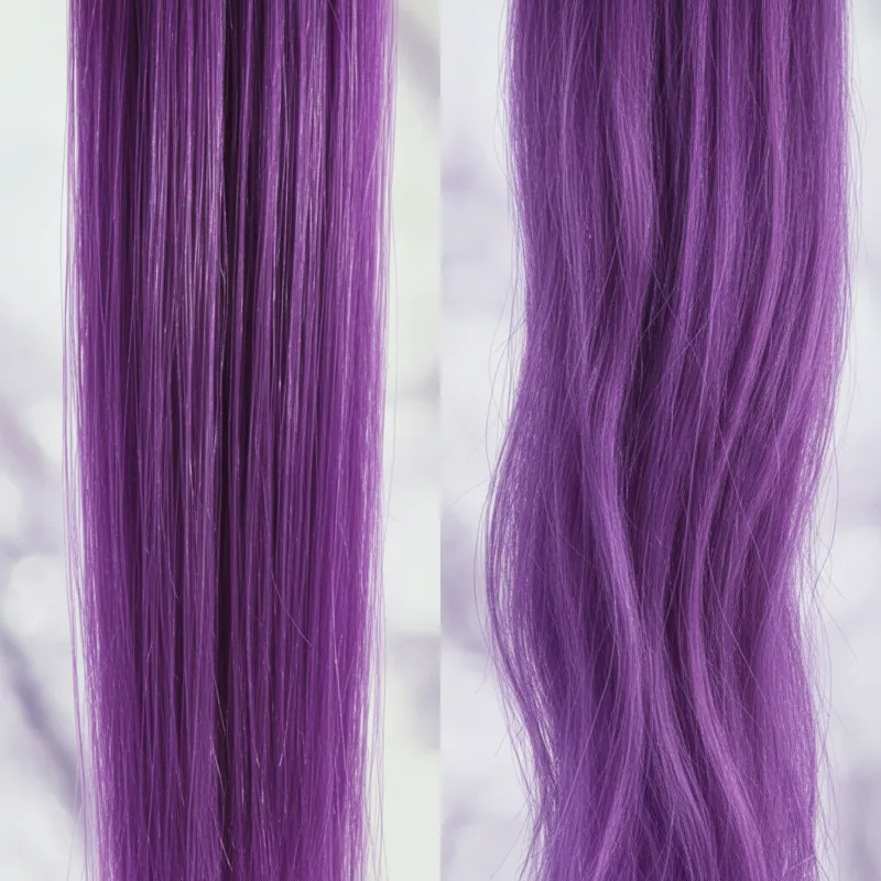 Close-up comparison shots of synthetic purple hair fibers next to human hair blend purple strands, highlighting differences in texture and sheen.