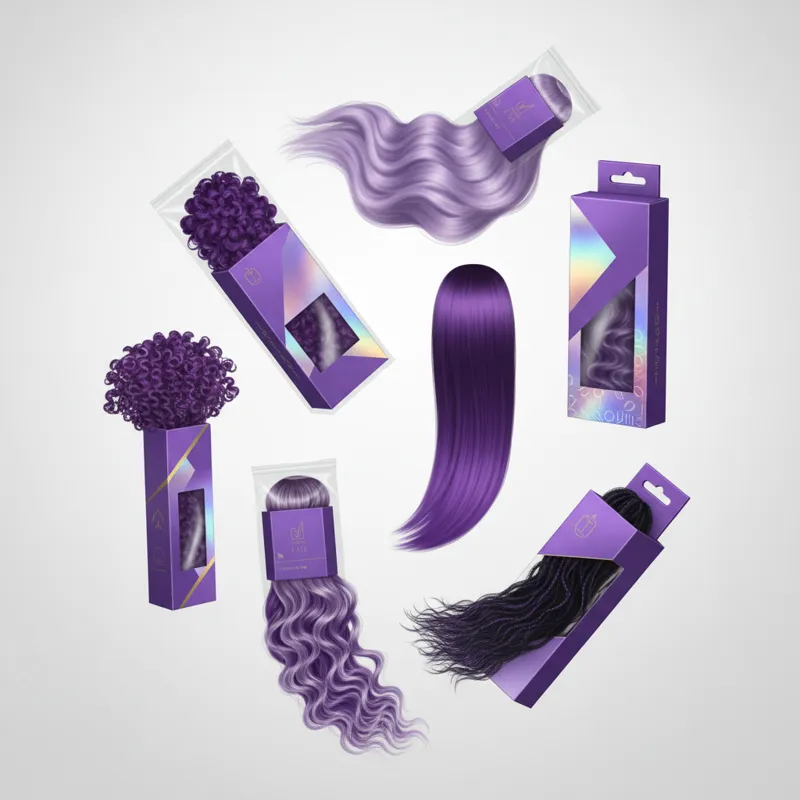 A vibrant collage featuring packaging and close-ups of 5 distinct types of purple pack hair, each with a unique texture or shade, against a clean, pro