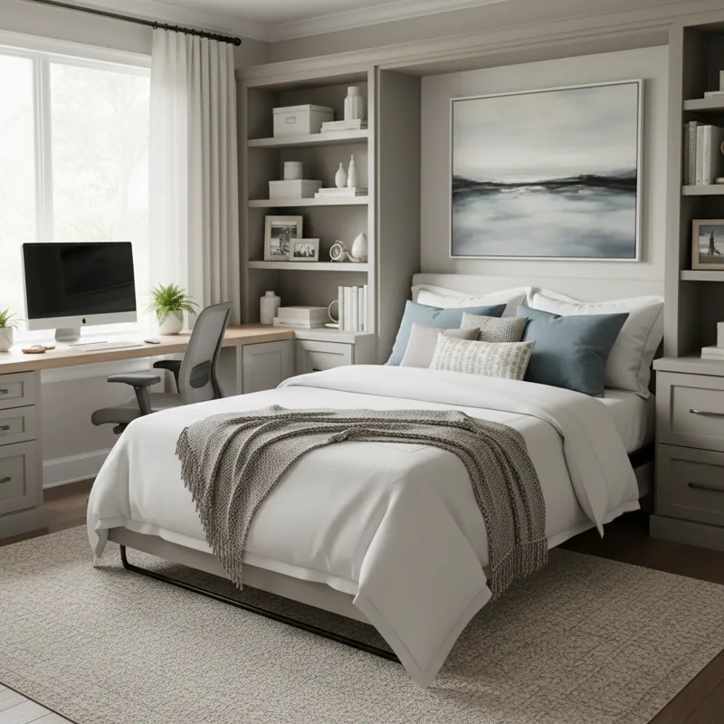 An open queen Murphy bed with crisp white bedding and decorative pillows, demonstrating its full functionality as a comfortable sleeping space within