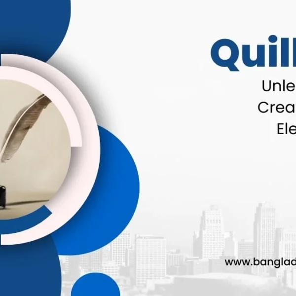 Graphic design titled 'Quill Pen' featuring a classic feather quill in a glass inkwell within a circular frame, set against blue abstract shapes and a faint city skyline background with the text 'Unleash Your Creativity and Elegance'.