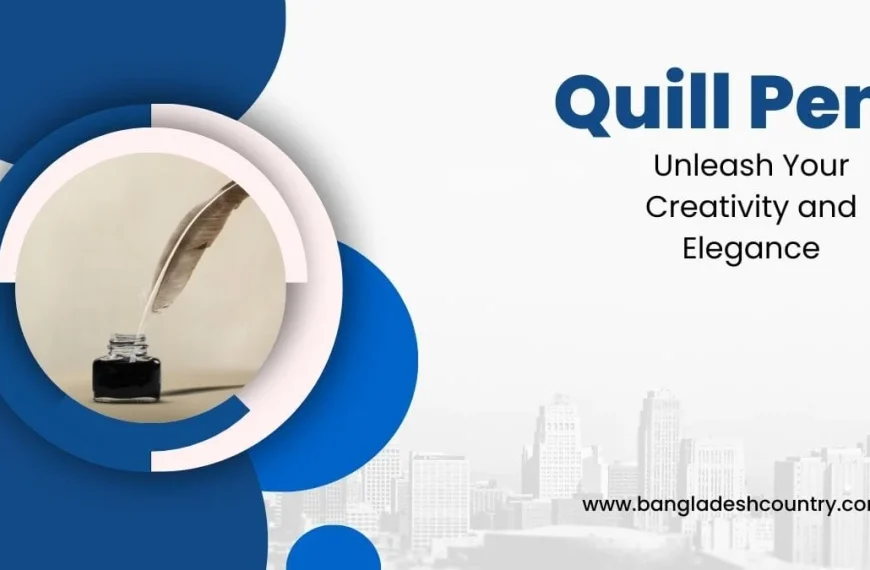 Graphic design titled 'Quill Pen' featuring a classic feather quill in a glass inkwell within a circular frame, set against blue abstract shapes and a faint city skyline background with the text 'Unleash Your Creativity and Elegance'.
