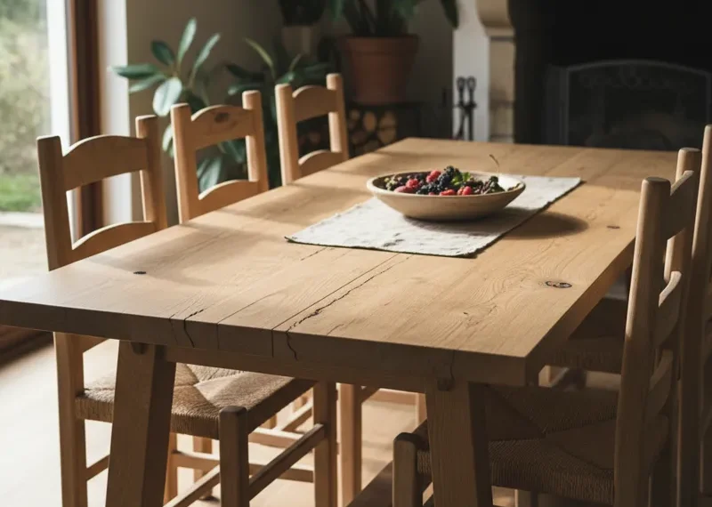 Rustic raw wood dining table with a natural live edge top and sturdy wooden legs, showcasing unique grain patterns perfect for a farmhouse or modern industrial dining room.
