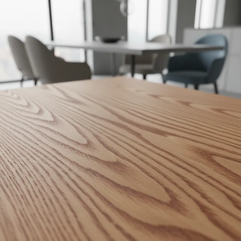 A close-up shot of a cross-section of solid oak wood showing its distinct grain patterns, contrasting with a blurred background of a modern dining roo