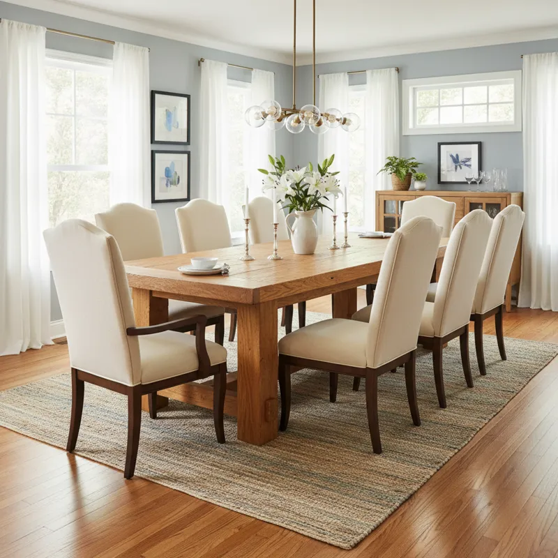 A brightly lit dining room featuring a large, rectangular solid oak dining table. The table shows visible wood grain and sturdy construction, surround