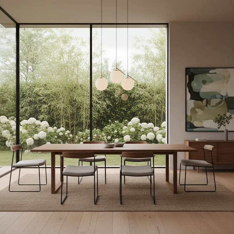 An inviting modern dining room with a long, clean-lined walnut dining table, complemented by minimalist chairs and a large window looking out onto a g
