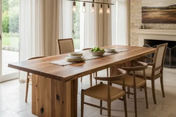 A beautiful solid wood dining room table made from natural timber, showcasing the rich grain, surrounded by dining chairs in a modern, well-lit dining area.
