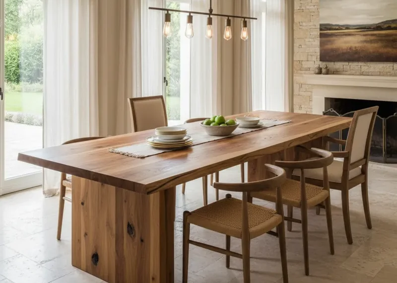 A beautiful solid wood dining room table made from natural timber, showcasing the rich grain, surrounded by dining chairs in a modern, well-lit dining area.