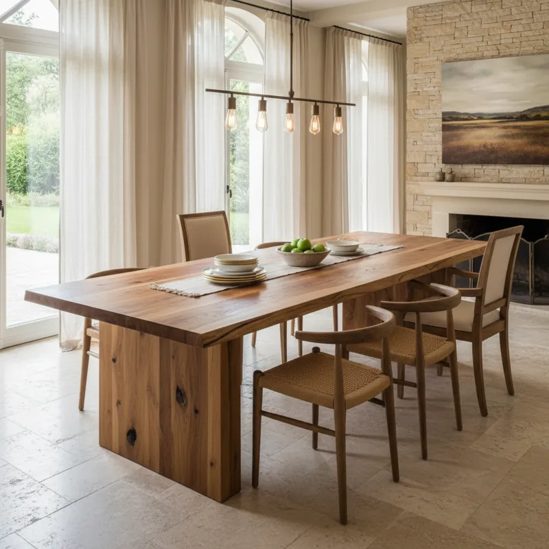 A beautiful solid wood dining room table made from natural timber, showcasing the rich grain, surrounded by dining chairs in a modern, well-lit dining area.