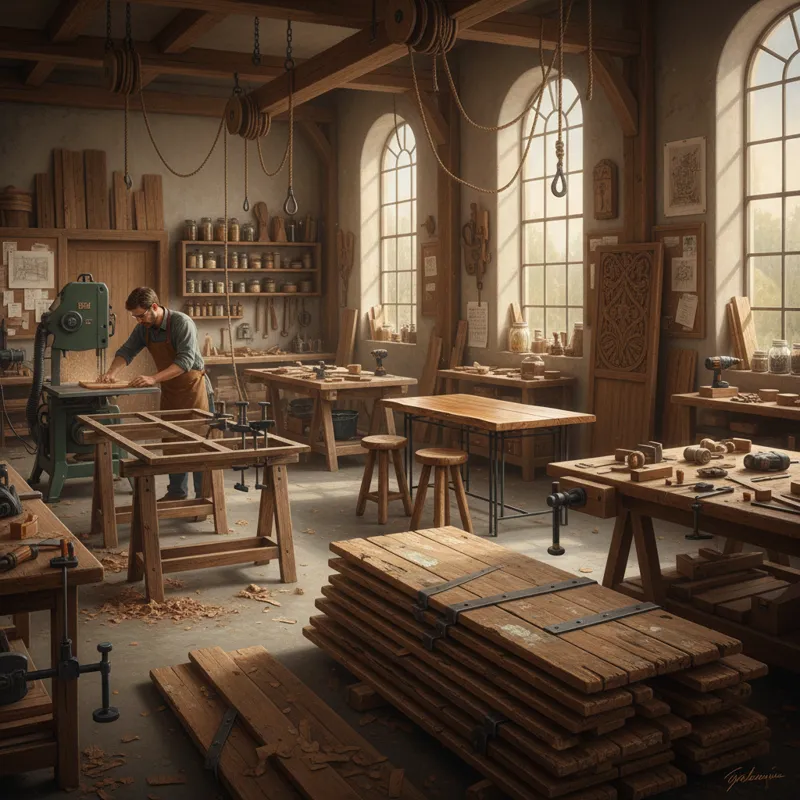A wide shot of a woodworking shop with various reclaimed wood pieces in different stages of furniture construction, showing raw lumber alongside finis