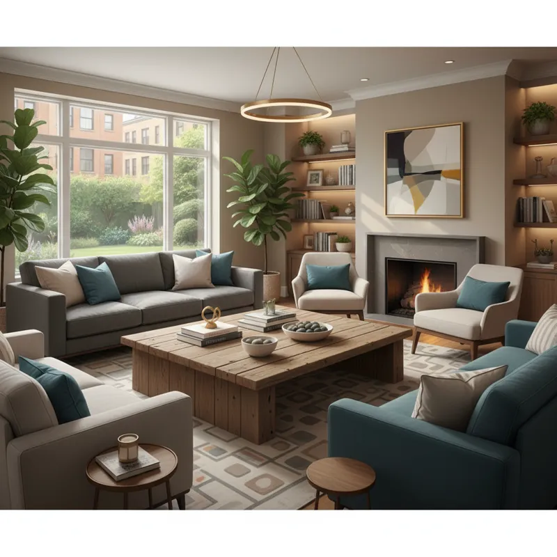 A stylish living room featuring a large, sturdy coffee table made from reclaimed barnwood, surrounded by modern upholstered furniture.