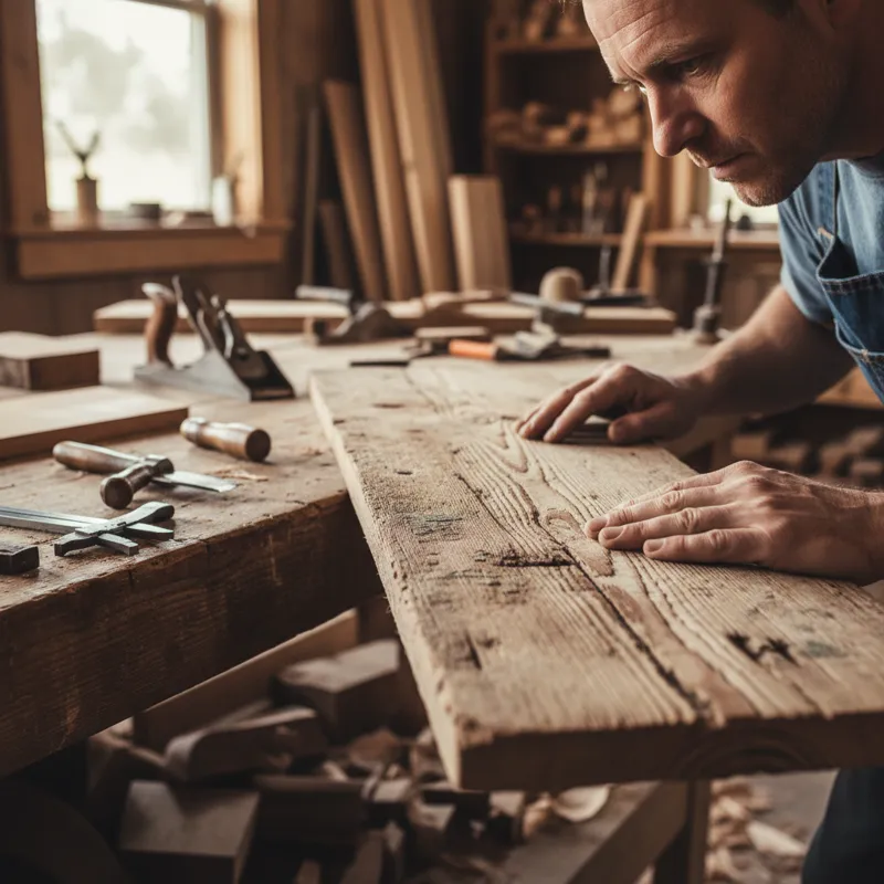 A close-up shot of a furniture maker carefully inspecting a piece of reclaimed wood, looking for imperfections and ensuring quality, with other tools