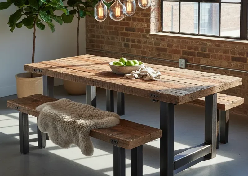 Rustic dining table and benches made from reclaimed lumber, showcasing unique wood grains and an eco-friendly design. Sustainable furniture for a farmhouse or industrial aesthetic.