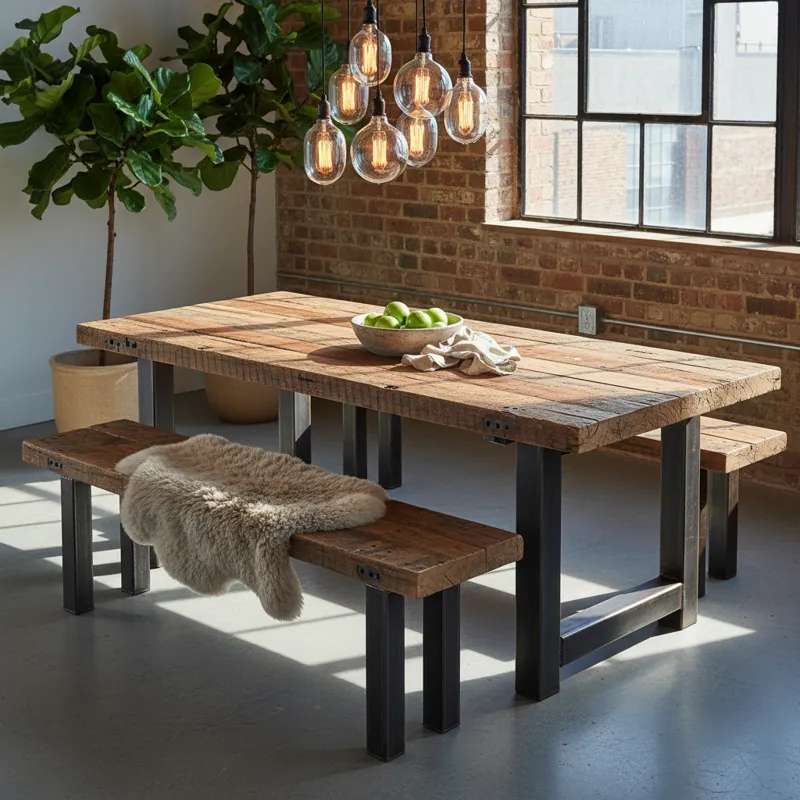 Rustic dining table and benches made from reclaimed lumber, showcasing unique wood grains and an eco-friendly design. Sustainable furniture for a farmhouse or industrial aesthetic.
