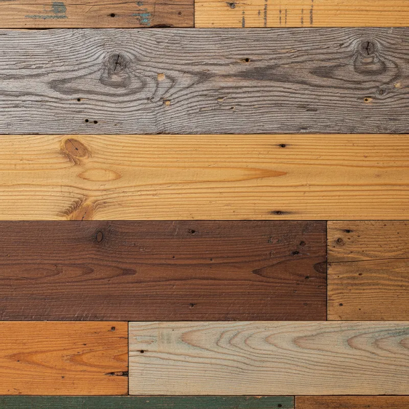 A detailed close-up shot of various reclaimed wood planks, clearly showing the distinct grain patterns and colors of different species like oak, pine,