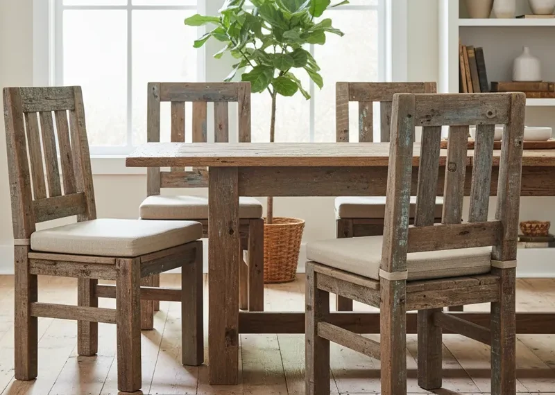 Set of four rustic reclaimed wood dining chairs with unique grain patterns around a dining table, highlighting sustainable and eco-friendly furniture for a farmhouse or modern rustic interior.