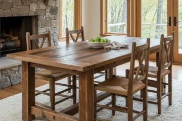 A rustic reclaimed wood dining room table with a natural finish, showcasing unique grain and imperfections, perfect for farmhouse or industrial interior design.