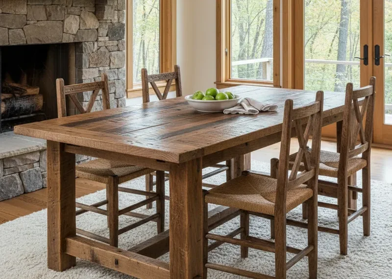 A rustic reclaimed wood dining room table with a natural finish, showcasing unique grain and imperfections, perfect for farmhouse or industrial interior design.