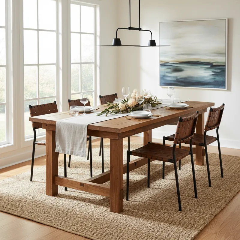 A beautiful, modern dining room featuring a long, polished reclaimed wood table top. Natural light streams in, highlighting the unique grain and chara