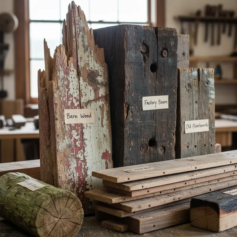 A detailed photograph showcasing different pieces of raw, un-milled reclaimed wood from various sources – some with old paint, some with nail holes, o
