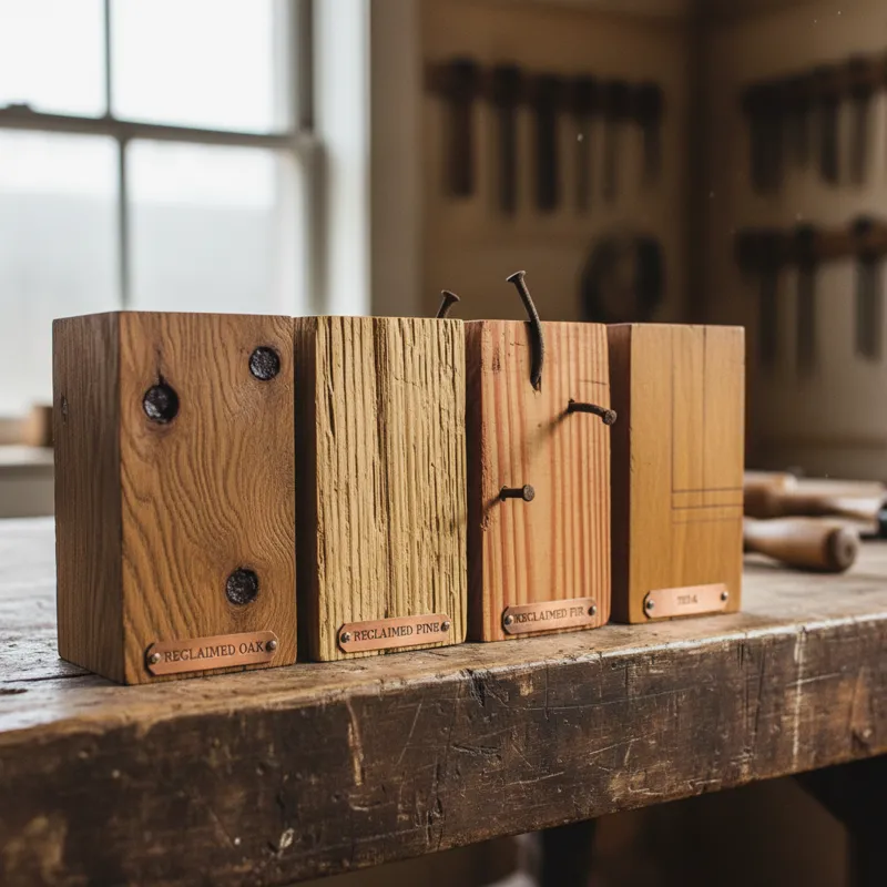 A collection of close-up samples of different reclaimed wood types (e.g., Oak, Pine, Douglas Fir, Teak), each clearly labeled and showcasing its uniqu