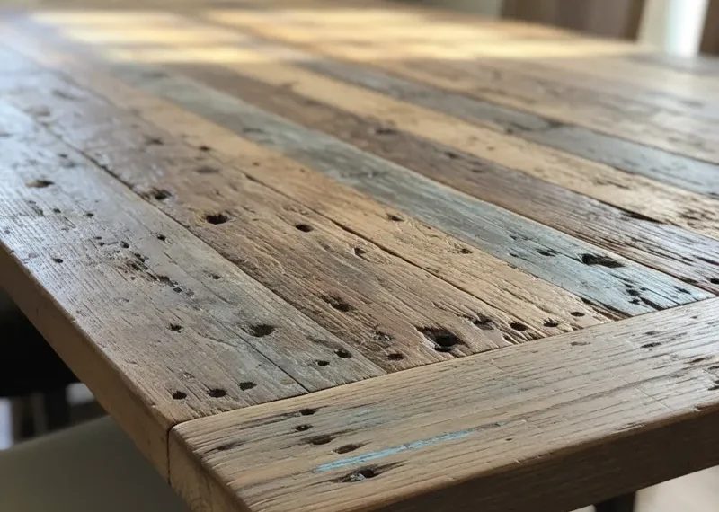 Rustic reclaimed wood table top, showcasing natural grain, knots, and distressed textures, suitable for a dining table or kitchen island.