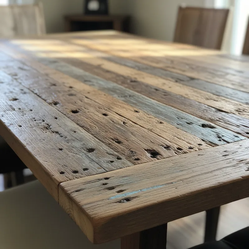 Rustic reclaimed wood table top, showcasing natural grain, knots, and distressed textures, suitable for a dining table or kitchen island.