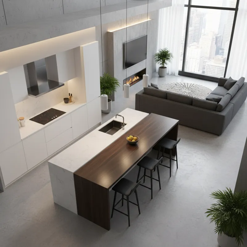 An overhead view of a modern open-concept kitchen and living area, highlighting a rectangle bar height table separating the two zones. The table is ap