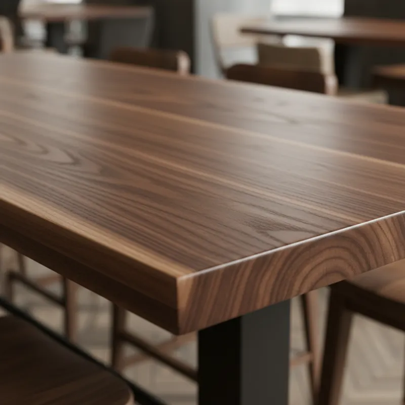A close-up shot of a rectangle bar height table's surface, showcasing the grain of solid walnut wood. The edges are smoothly finished, and a subtle sh
