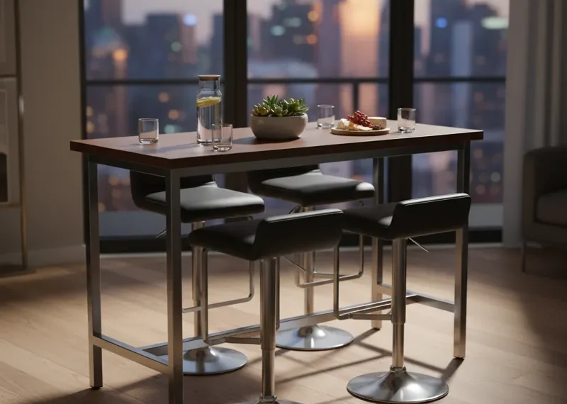 Rectangular bar height dining table with a sleek wooden top and sturdy metal base, ideal for modern kitchens or small dining areas.