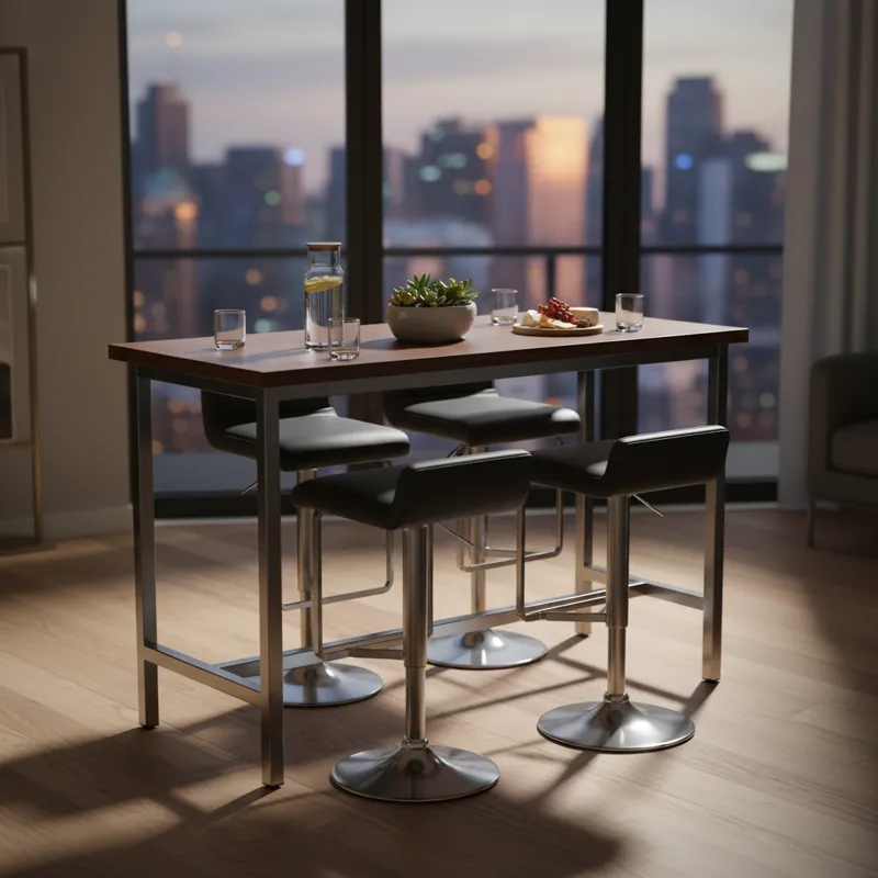 Rectangular bar height dining table with a sleek wooden top and sturdy metal base, ideal for modern kitchens or small dining areas.