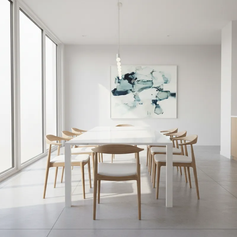 A bright, modern dining room featuring a sleek white rectangle dining table with minimalist chairs, bathed in natural light. The table is clean and un