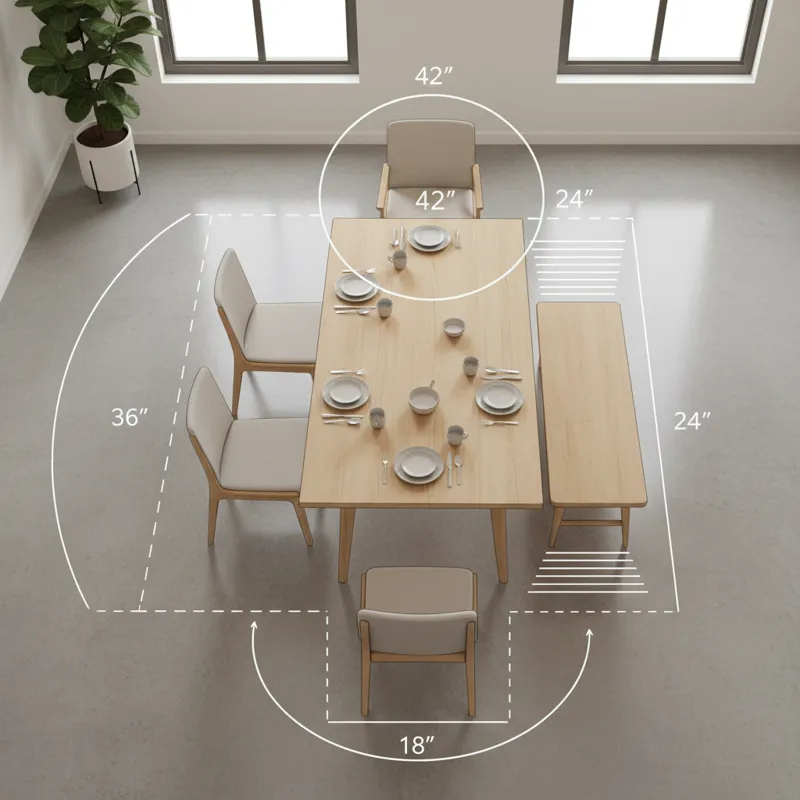 An overhead view of a rectangle dining table with various seating arrangements marked on the floor around it, demonstrating proper clearance for chair