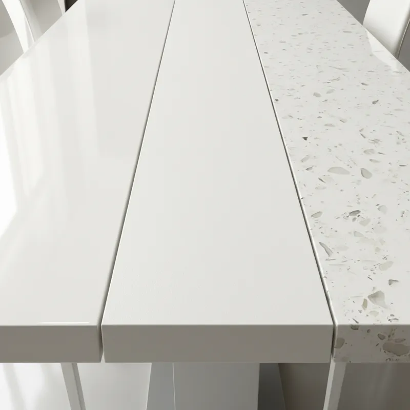A close-up shot showcasing the surface of a white dining table, highlighting different textures and finishes like a glossy lacquer, a matte laminate,