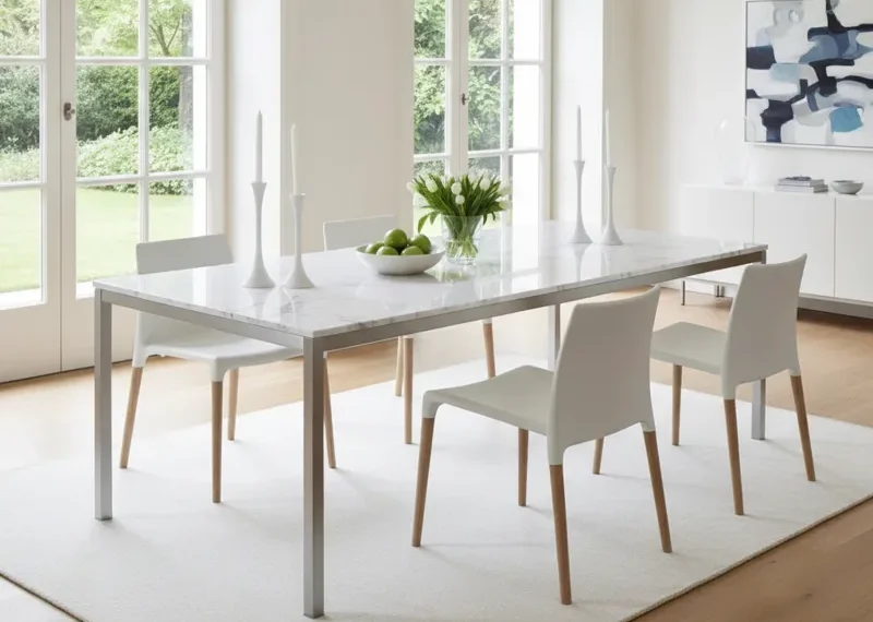 Modern white rectangular dining table with seating for six, in a bright, minimalist dining room.