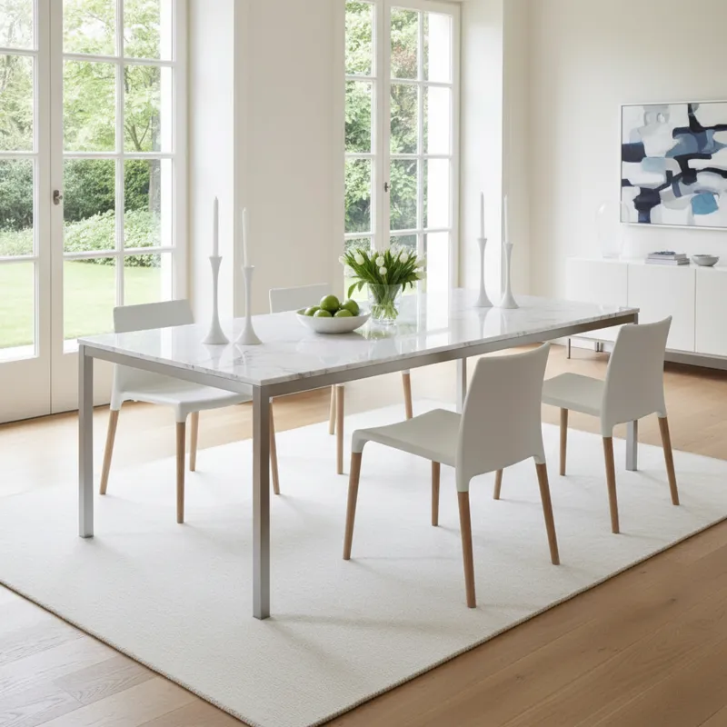 Modern white rectangular dining table with seating for six, in a bright, minimalist dining room.