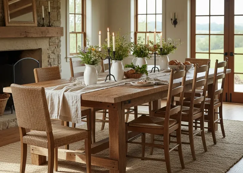 A rustic, solid wood rectangular farmhouse dining table with a sturdy trestle base, showcasing natural wood grain, set in a bright, modern farmhouse style kitchen or dining room.