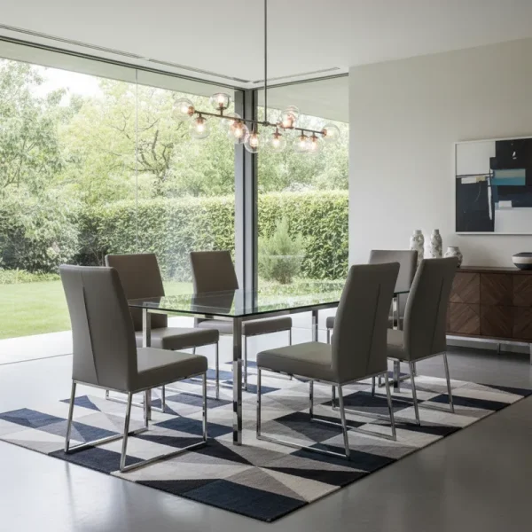 Modern rectangle glass dining room table with sleek chairs, showcasing a contemporary and open dining space.