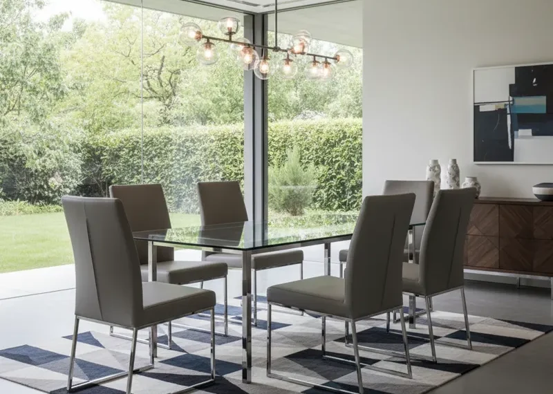 Modern rectangle glass dining room table with sleek chairs, showcasing a contemporary and open dining space.